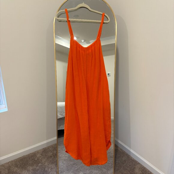 Old Navy Gauze Long Summer Orange Pocket Dress SZ M Beach Vacation Tieback - Picture 3 of 8